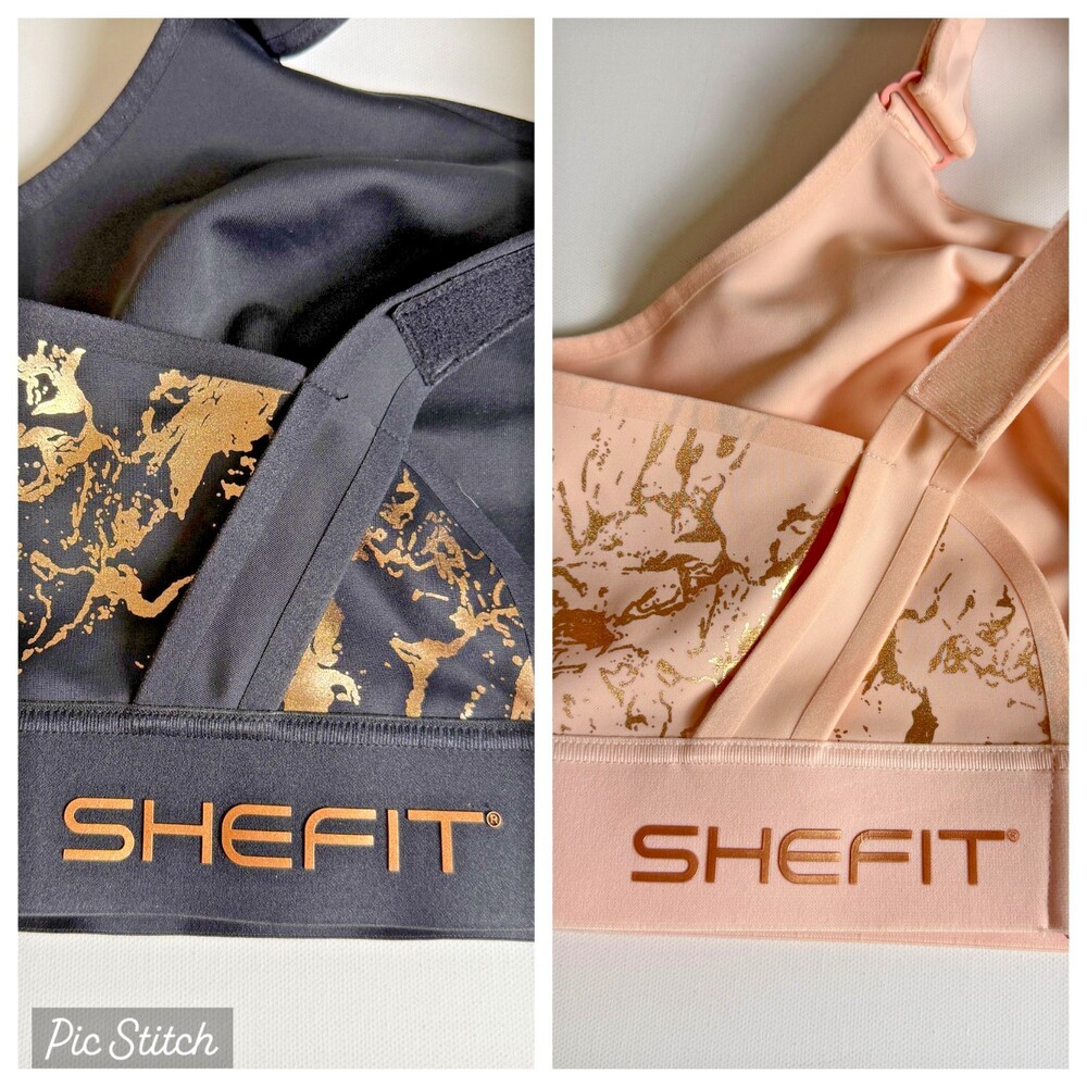 SheFit Flex Sports Bra SET OF 2 Sz 5Luxe Medium Impact Black & Blush Pink w/Gold